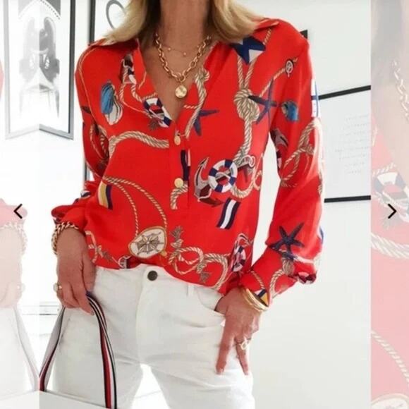 Zara Nautical Print Satin Blouse in Red size Large - Picture 1 of 10